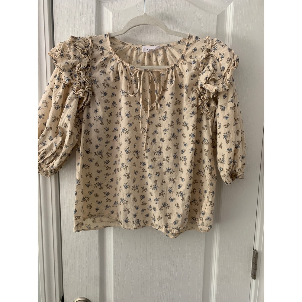 Mable Floral Ruffle Puff Sleeve Blouse Cream Blue Cottagecore Top MT1496C S